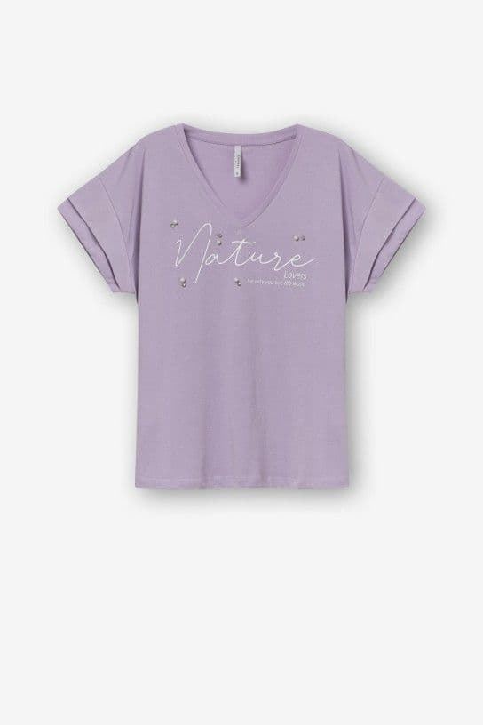 Camiseta lila de pico con Texto y perlas, Phoebe - Imagen 4