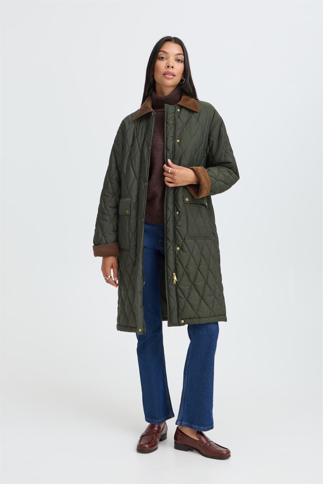 Abrigo Bellini acolchado con cuello de pana B.young - verde oscuro - Imagen 1