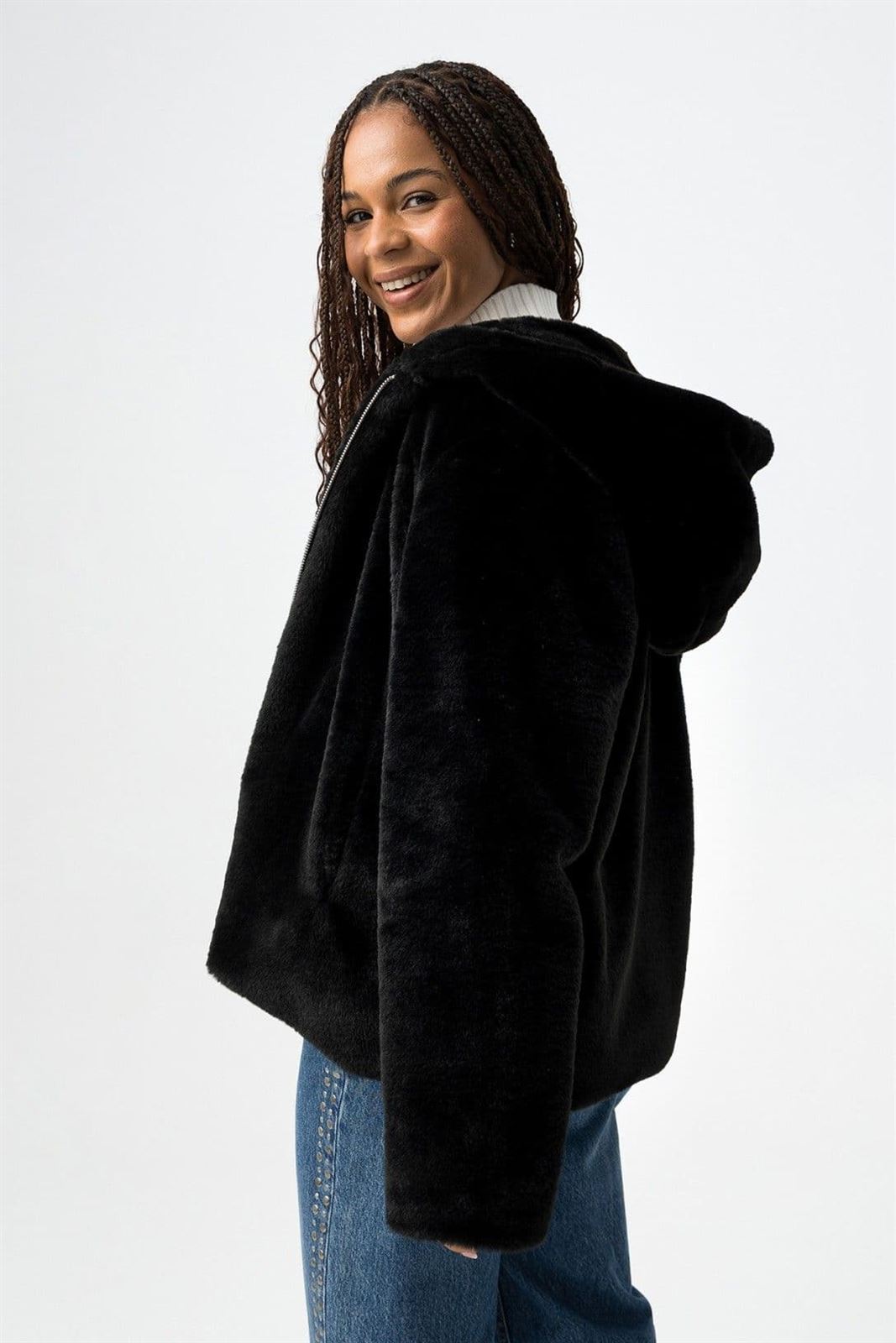 Abrigo pelo negro capucha, Classic - Imagen 2