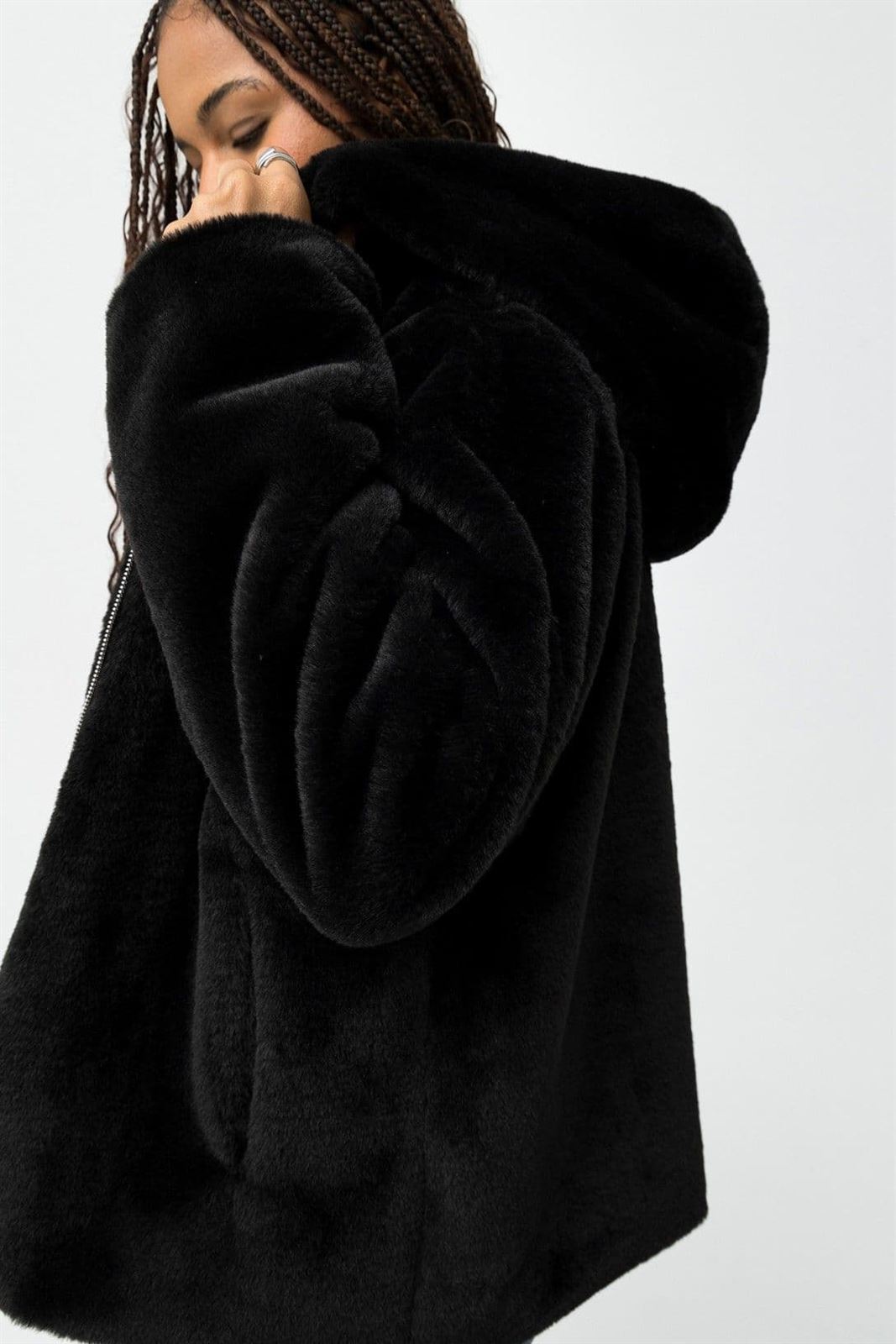 Abrigo pelo negro capucha, Classic - Imagen 3