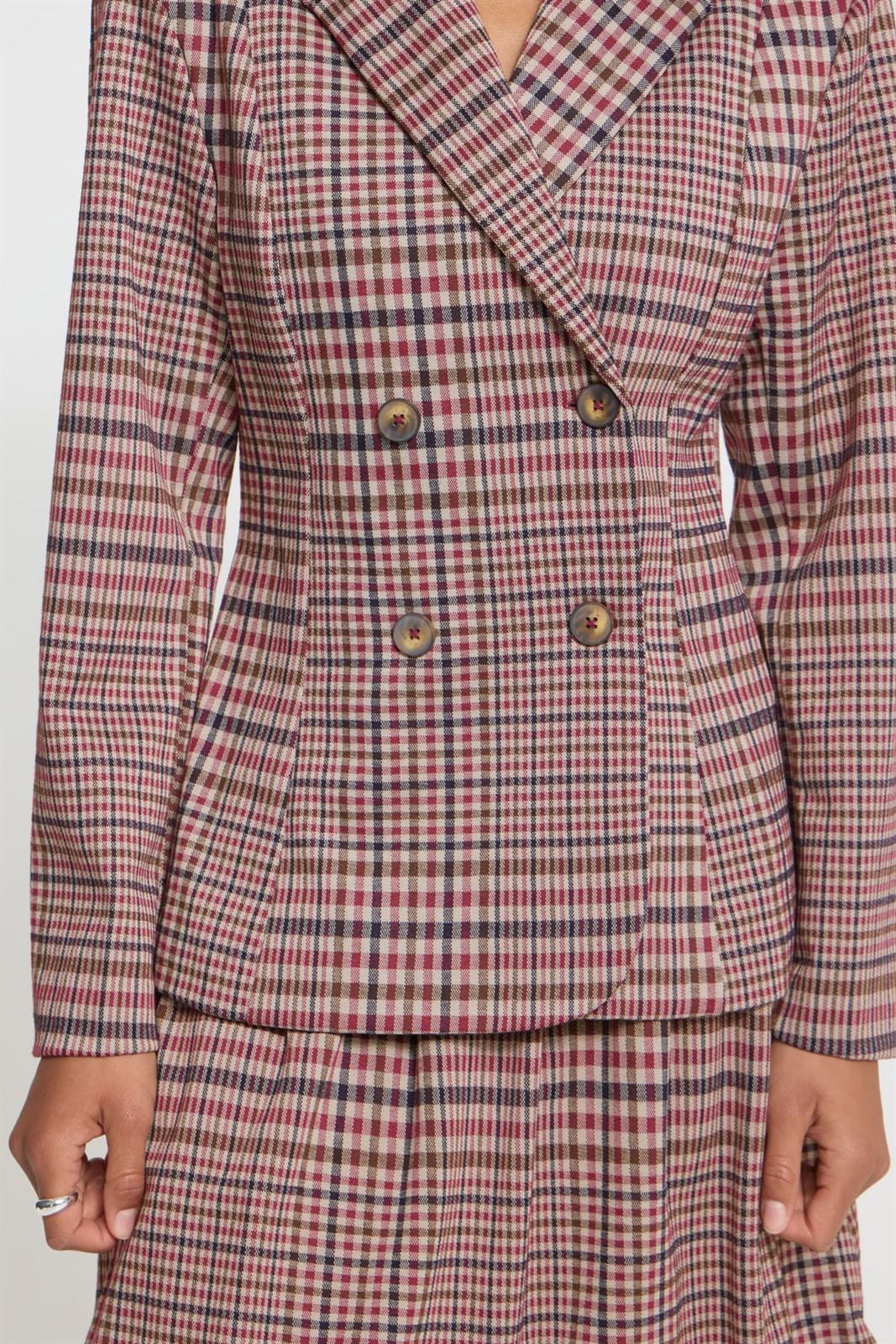 Blazer cruzado de cuadros Ichi, Kate Checkit - burdeos y crudo - Imagen 4
