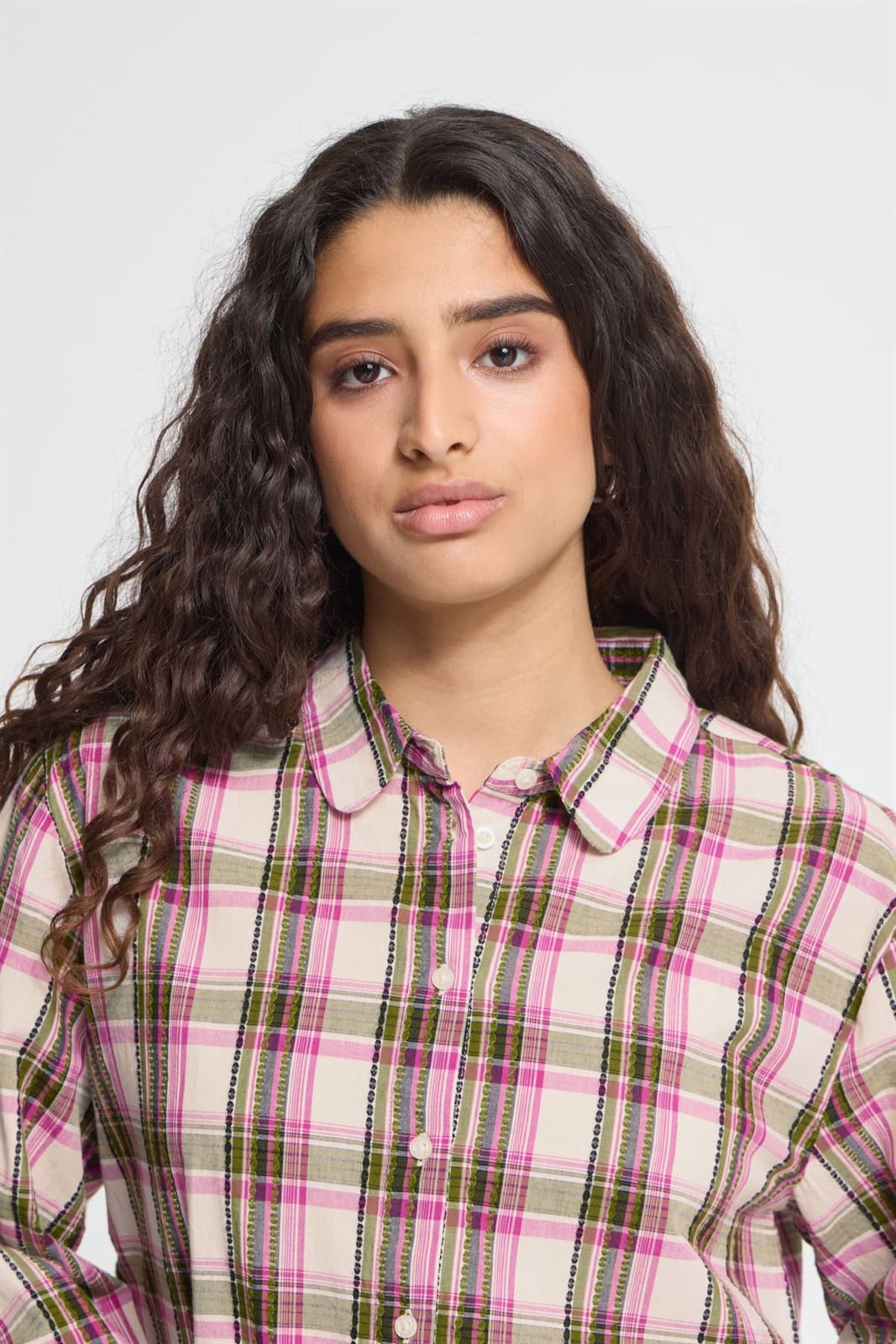 Camisa de Manga Larga a Cuadros Ichi Ih Emina Sh - Rosa /verde - Imagen 3