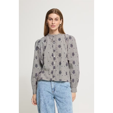 Camisa Eloza de cuadros vichy con corazones bordados Ichi - crudo y azul marino - Imagen 1