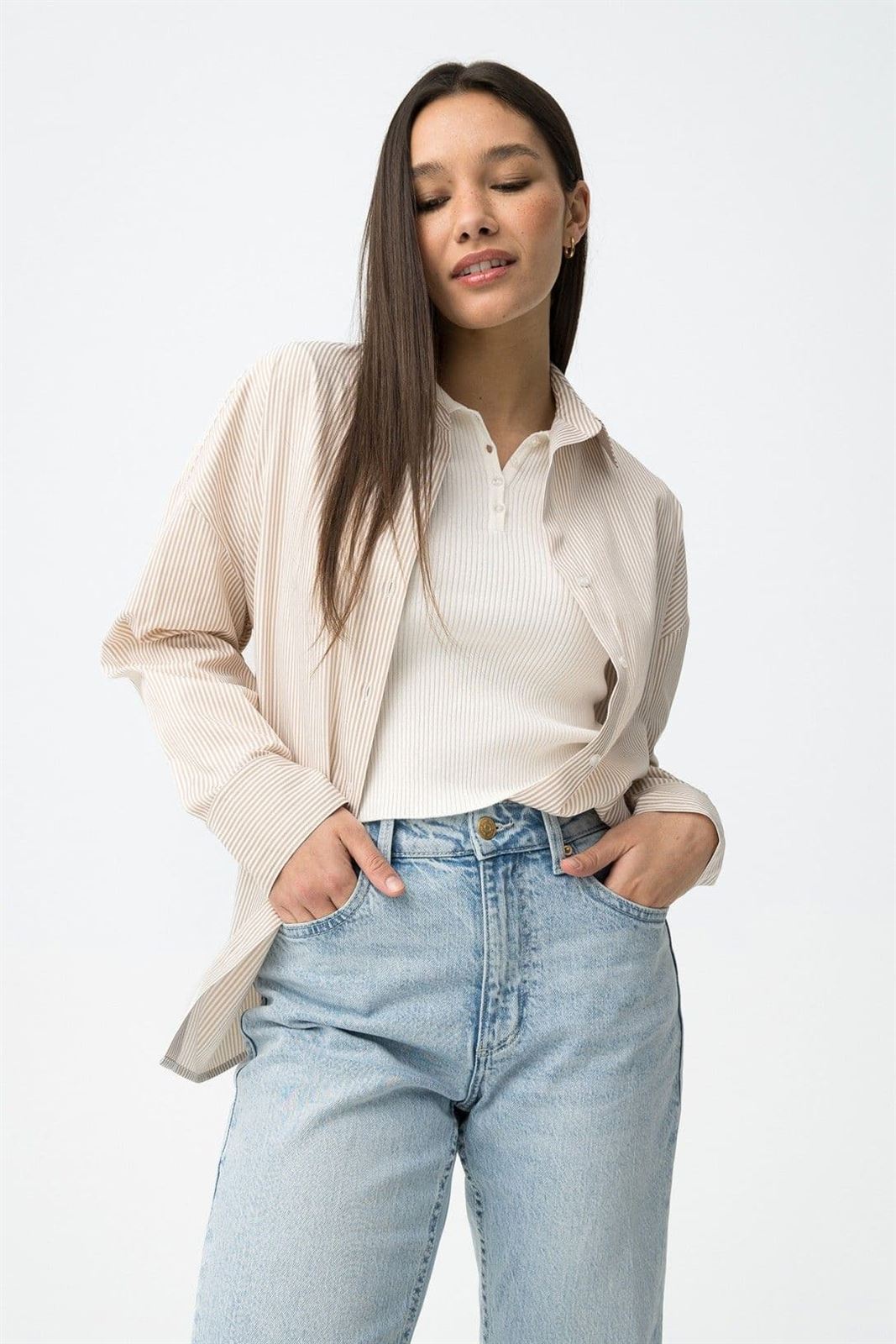 Camisa rayas beige, Nancy - Imagen 1