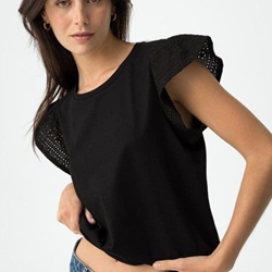 Camiseta negra con Mangas en Bordado Inglés, Graciosa - Imagen 1