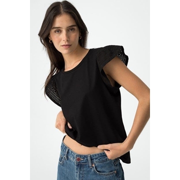 Camiseta negra con Mangas en Bordado Inglés, Graciosa - Imagen 1
