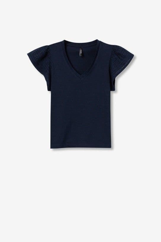 Camiseta pico azul marino con Mangas en Bordado Inglés, Graciosa - Imagen 5