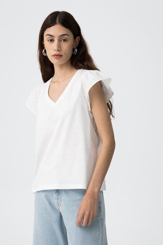 Camiseta pico blanco con Mangas en Bordado Inglés, Graciosa - Imagen 2
