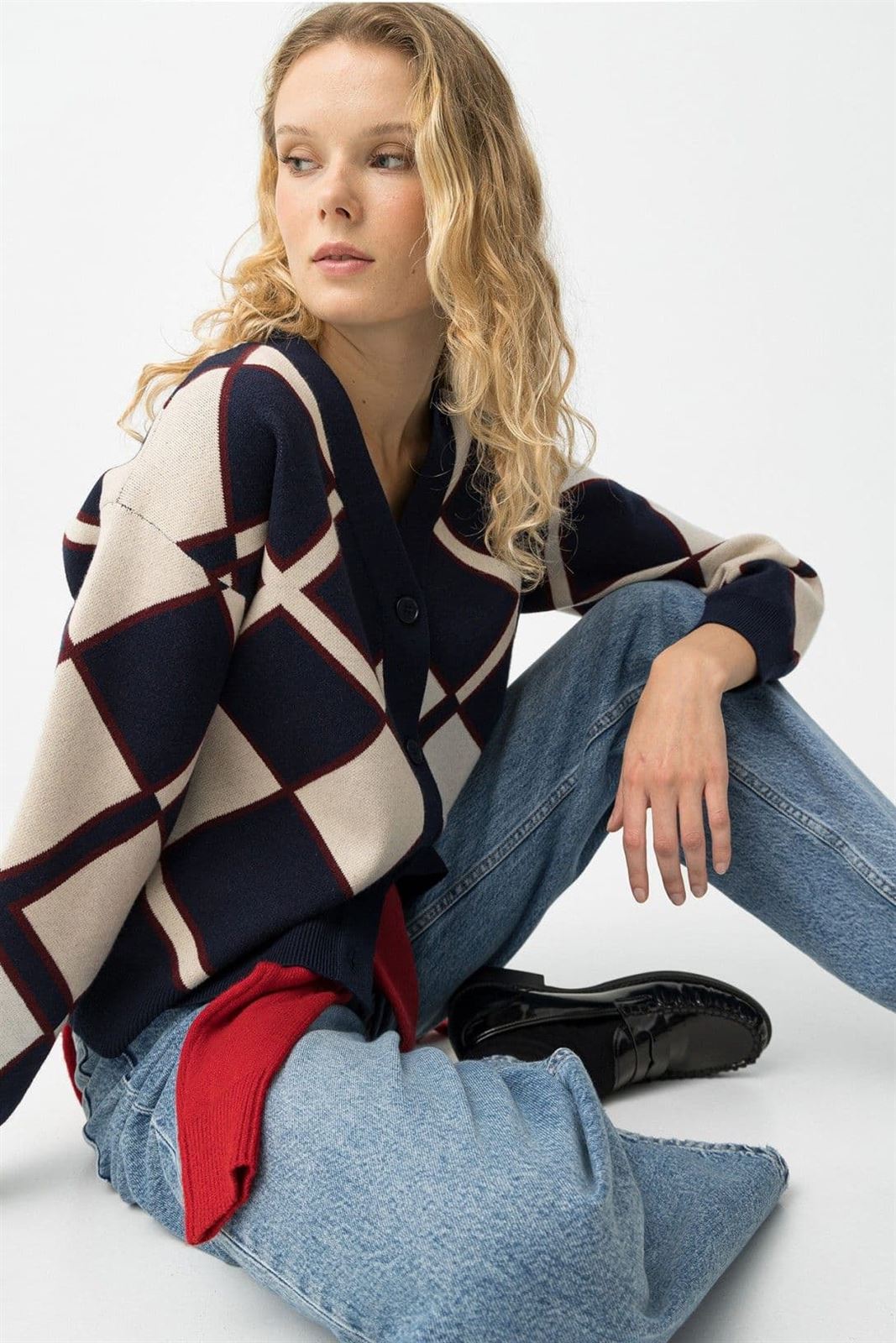 Cardigan geométrico azul oscuro, Loose - Imagen 3