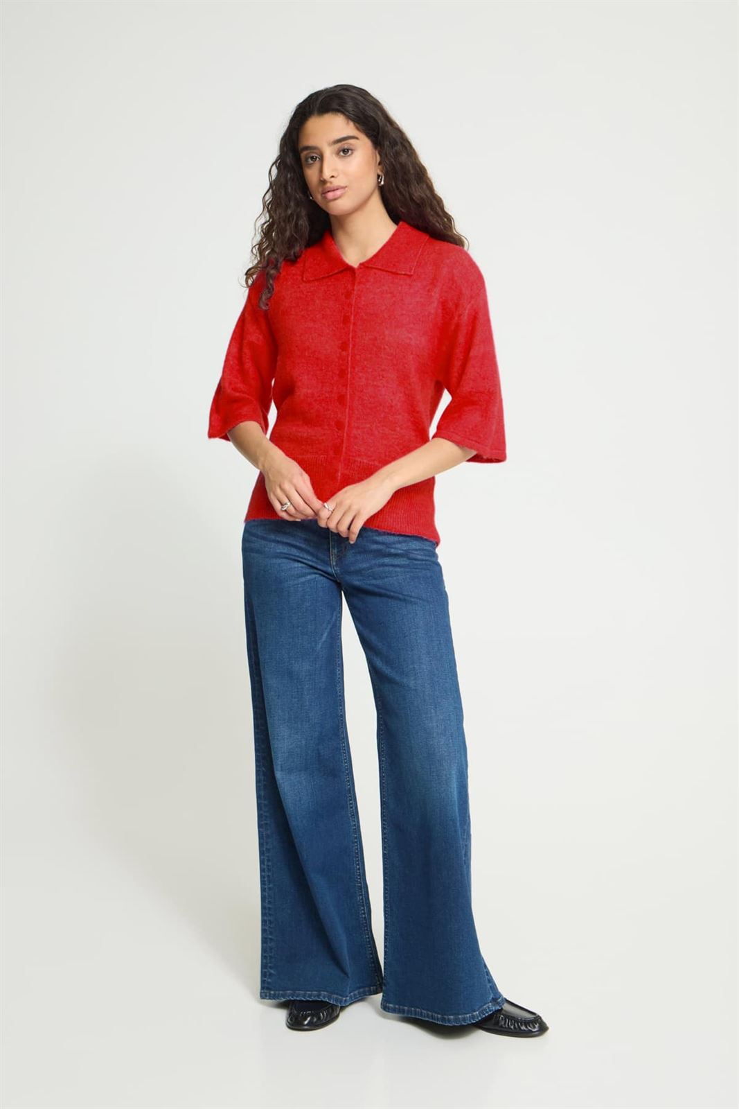 Cárdigan Kamara de cuello polo con botones y manga tres cuartos Ichi - rojo - Imagen 2
