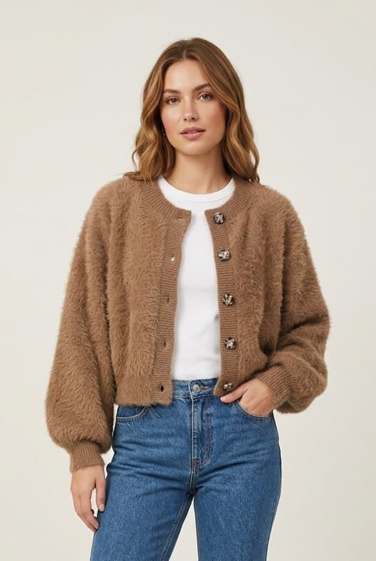 Chaqueta Cobi de punto peludo corta con botones efecto carey y mangas globo Lylu - marrón camel - Imagen 1