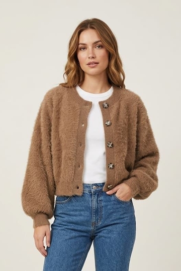Chaqueta Cobi de punto peludo corta con botones efecto carey y mangas globo Lylu - marrón camel - Imagen 1