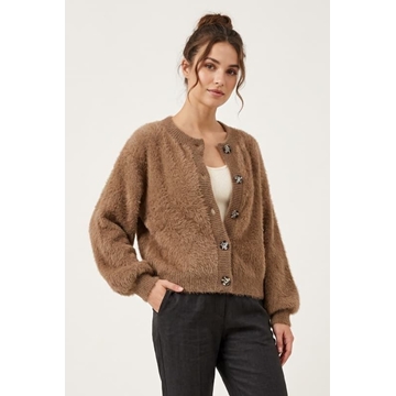 Chaqueta Cobi de punto peludo corta con botones efecto carey y mangas globo Lylu - marrón camel - Imagen 2