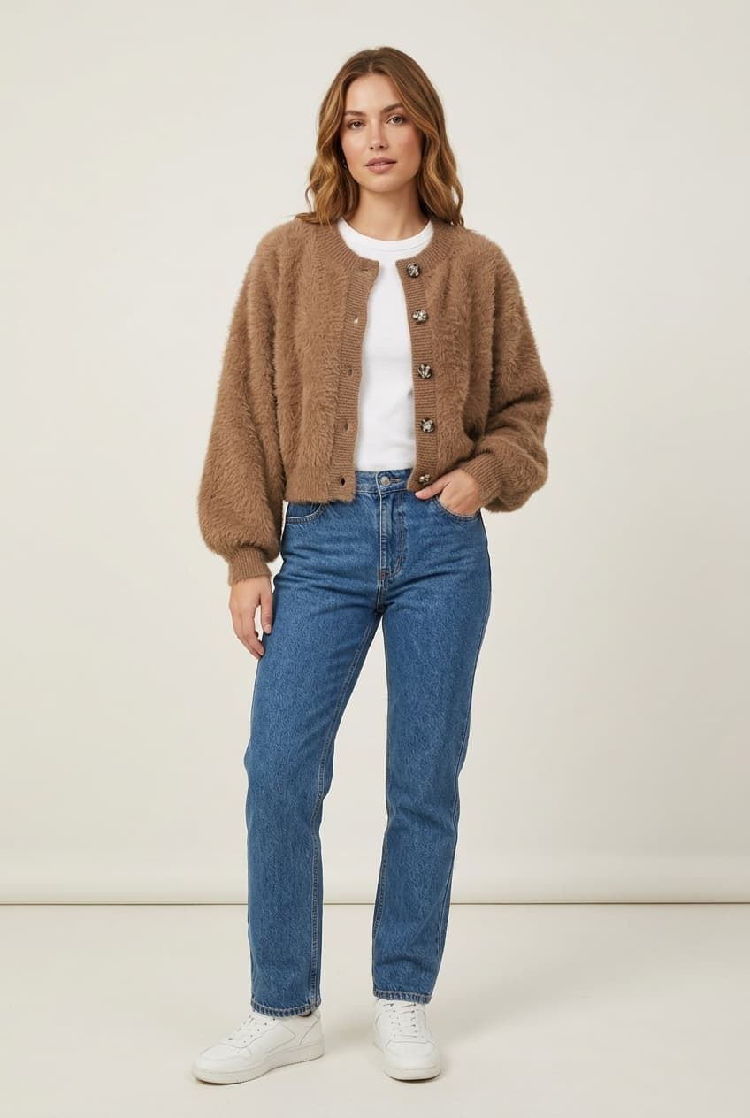 Chaqueta Cobi de punto peludo corta con botones efecto carey y mangas globo Lylu - marrón camel - Imagen 4