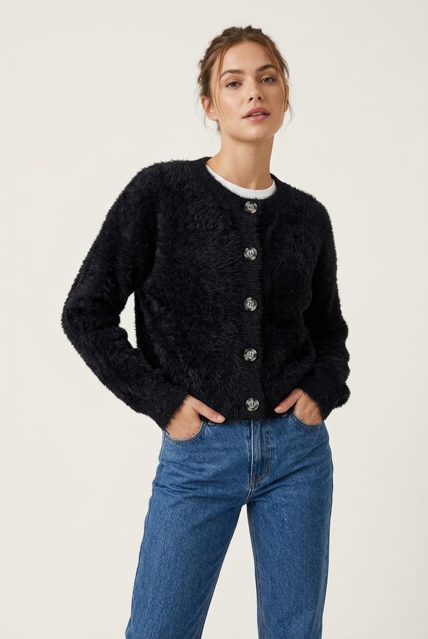 Chaqueta Cobi de punto peludo corta con botones jaspeados Lylu - negro - Imagen 1