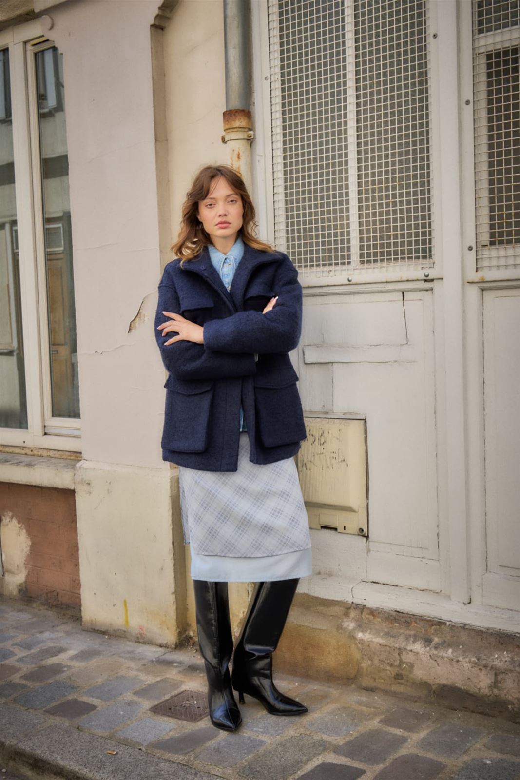 Chaqueta Stipa de efecto bouclé oversize con cuello alto y cuatro bolsillos Ichi - azul marino - Imagen 1