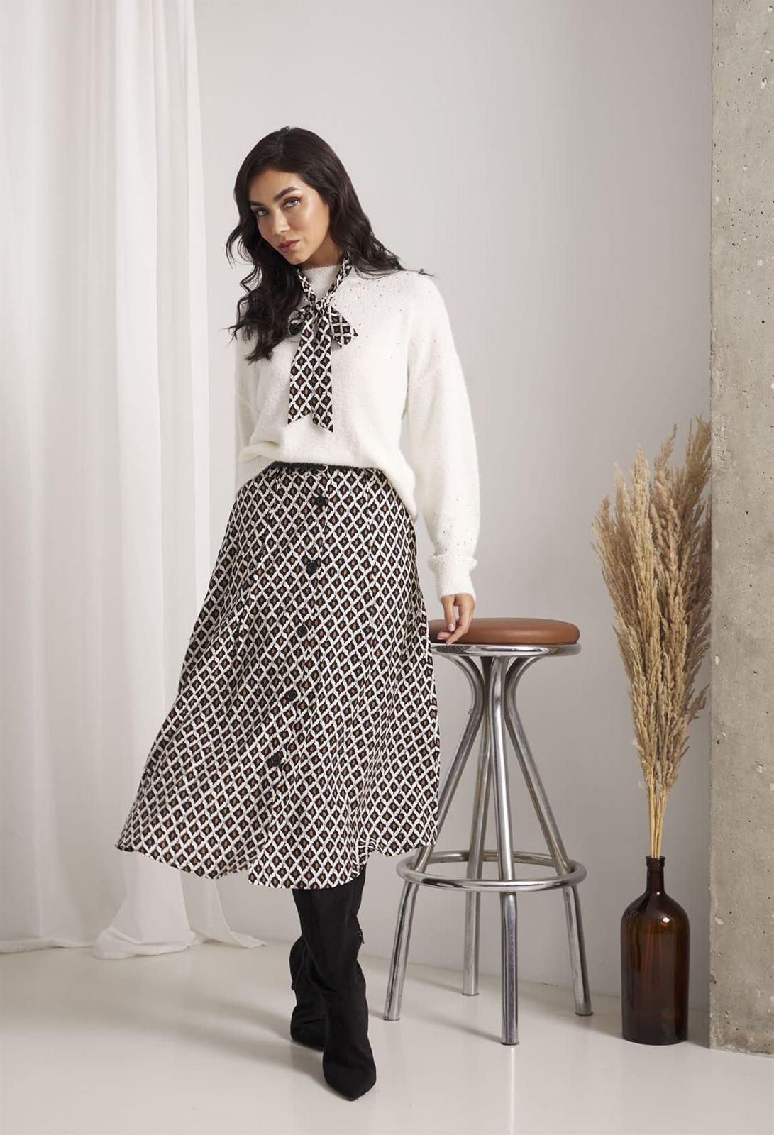 Falda Segovia de rombos Lylu - negro, blanco y camel - Imagen 1