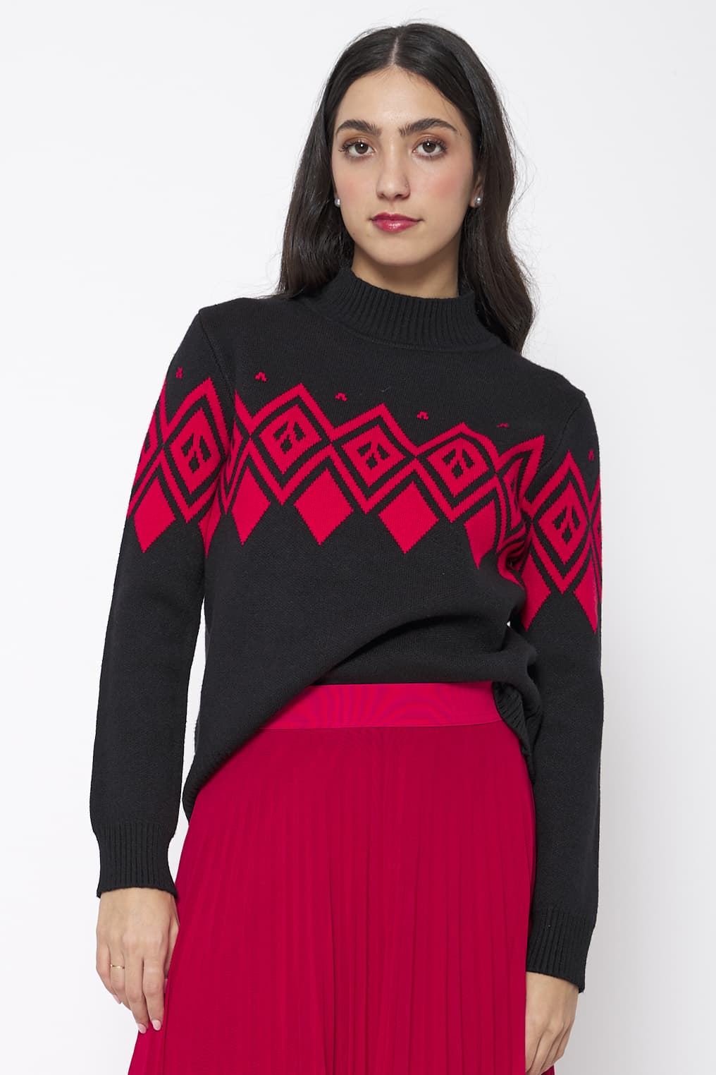 Jersey Arcos de cuello alto con jacquard de rombos Lylu - negro y rojo - Imagen 1