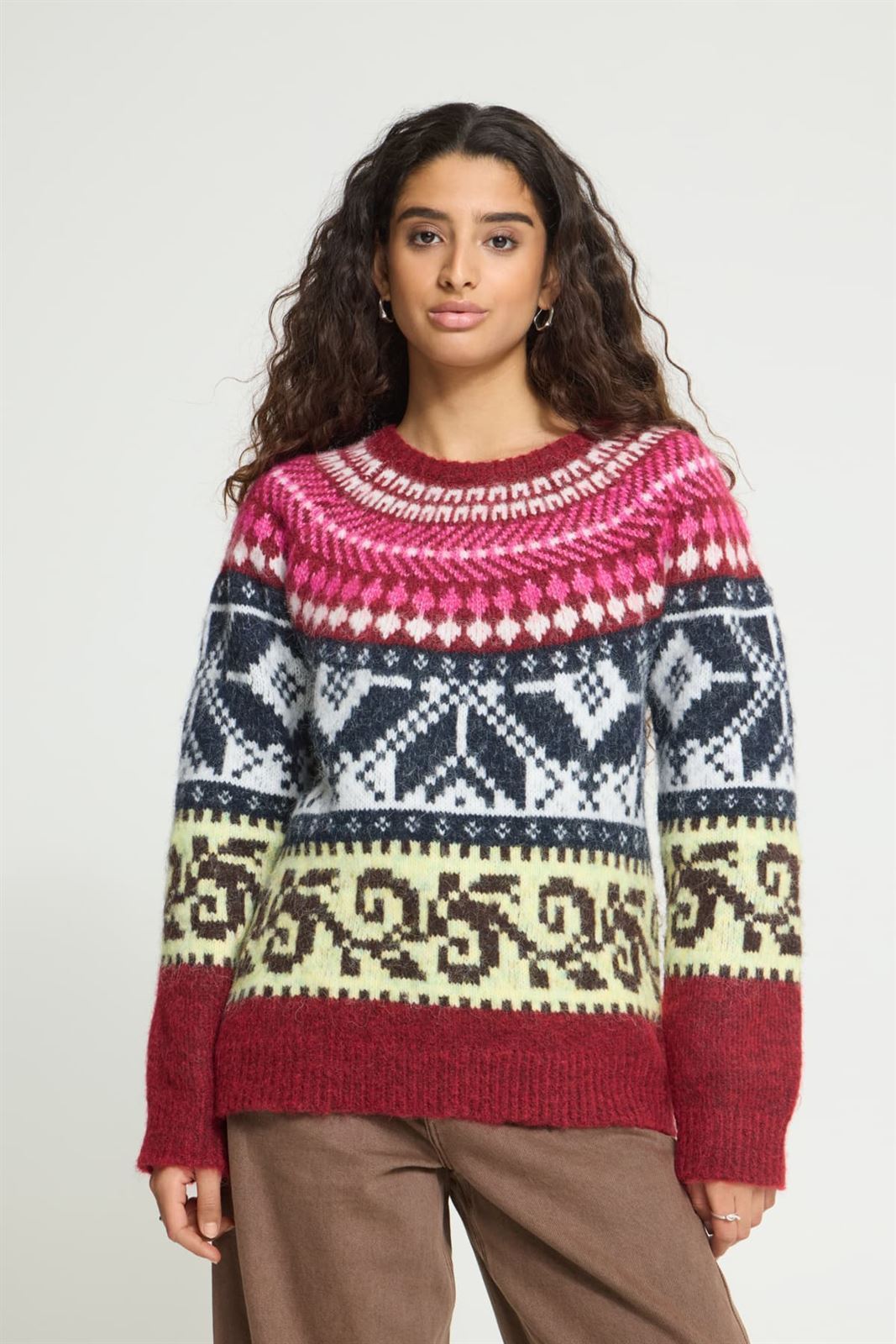 Jersey Cylle estilo nórdico de jacquard multicolor Ichi - burdeos, rosa y azul marino - Imagen 5