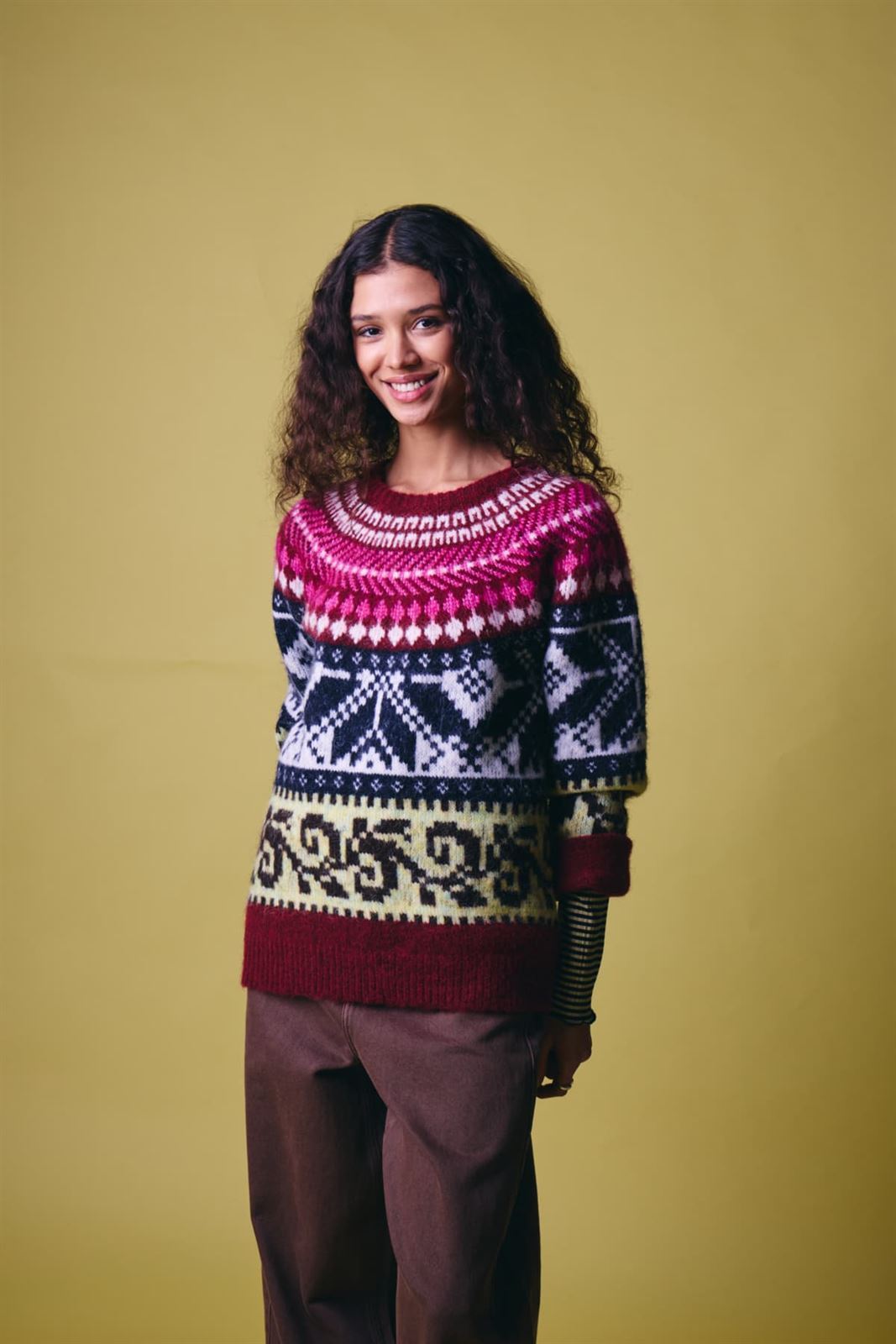 Jersey Cylle estilo nórdico de jacquard multicolor Ichi - burdeos, rosa y azul marino - Imagen 8