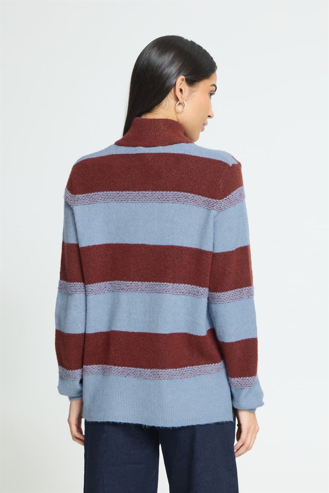 Jersey Edeen de cuello alto con rayas anchas Ichi - burdeos y azul celeste - Imagen 4
