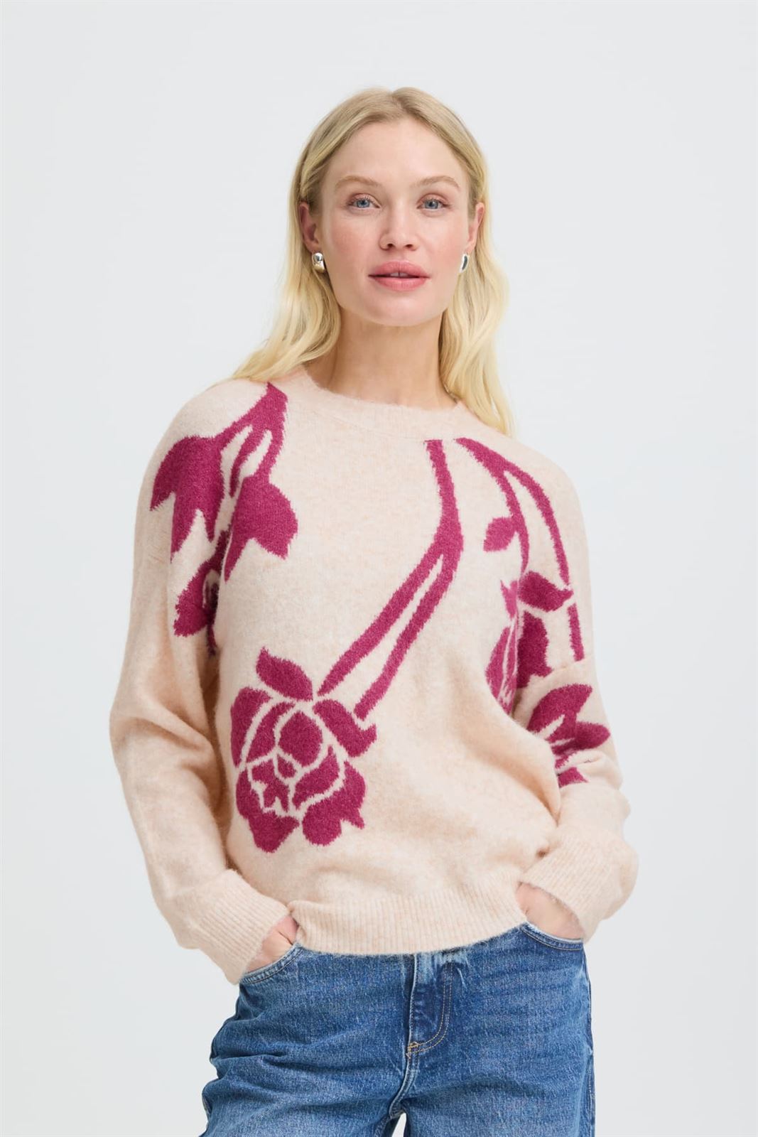 Jersey estampado de rosas B.young, Omea- beige y fucsia - Imagen 1