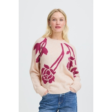Jersey estampado de rosas B.young, Omea- beige y fucsia - Imagen 1