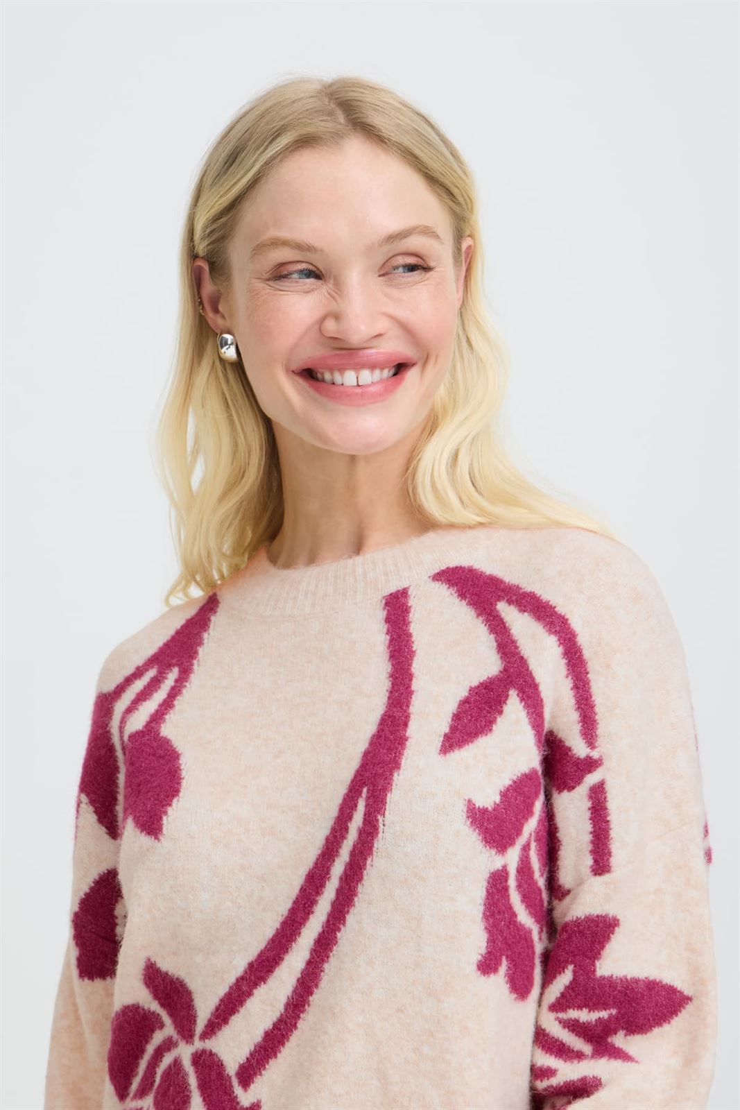 Jersey estampado de rosas B.young, Omea- beige y fucsia - Imagen 3