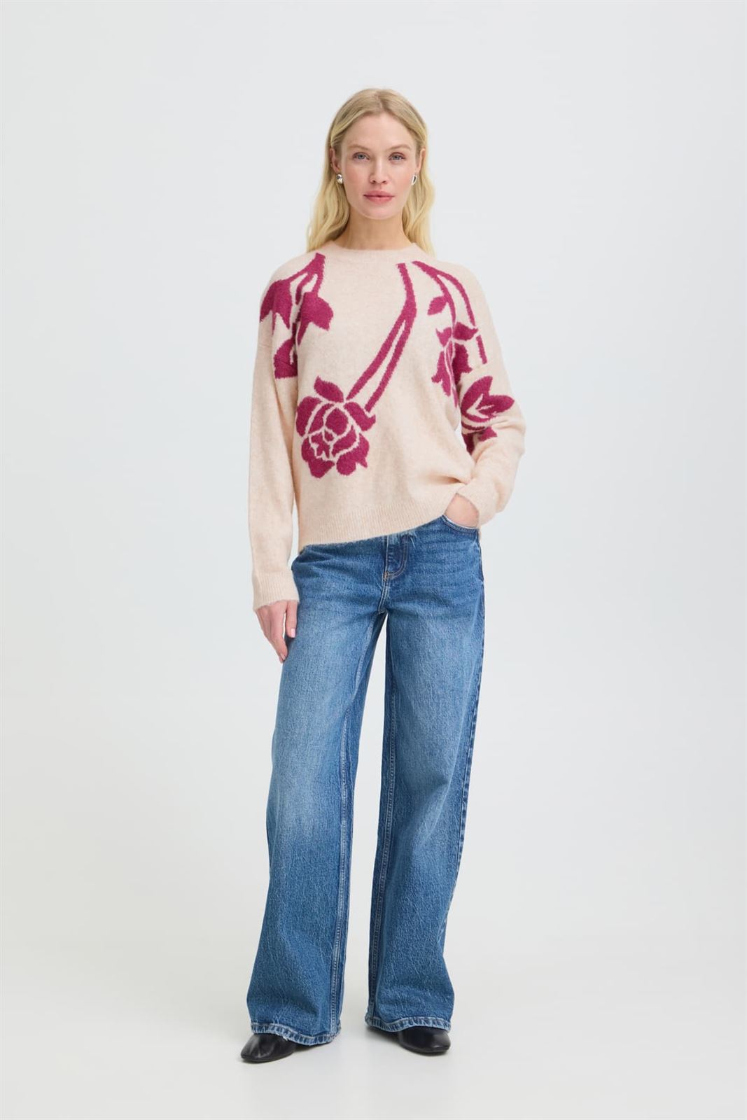 Jersey estampado de rosas B.young, Omea- beige y fucsia - Imagen 5