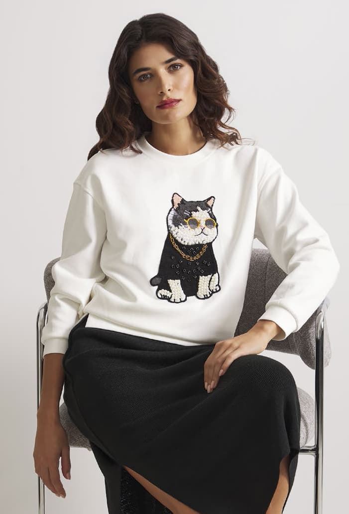 Sudadera Badajoz con gato bordado Lylu - blanco - Imagen 1