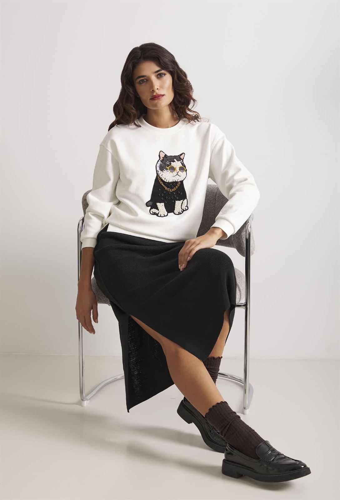 Sudadera Badajoz con gato bordado Lylu - blanco - Imagen 3