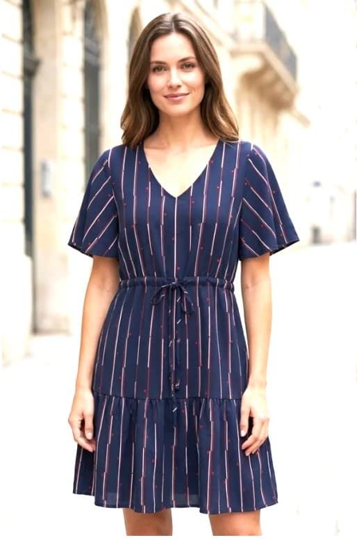 Vestido corto azul rayas y topos, Neli - Imagen 1