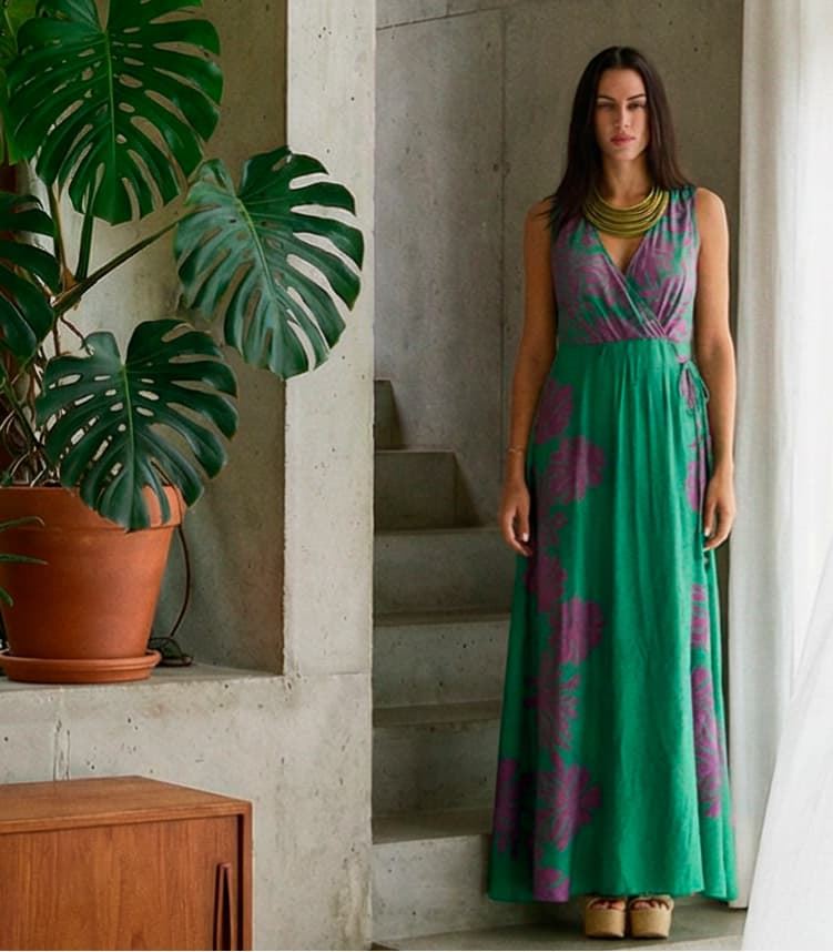 Vestido estampado verde con hojas violetas, Lina - Imagen 3