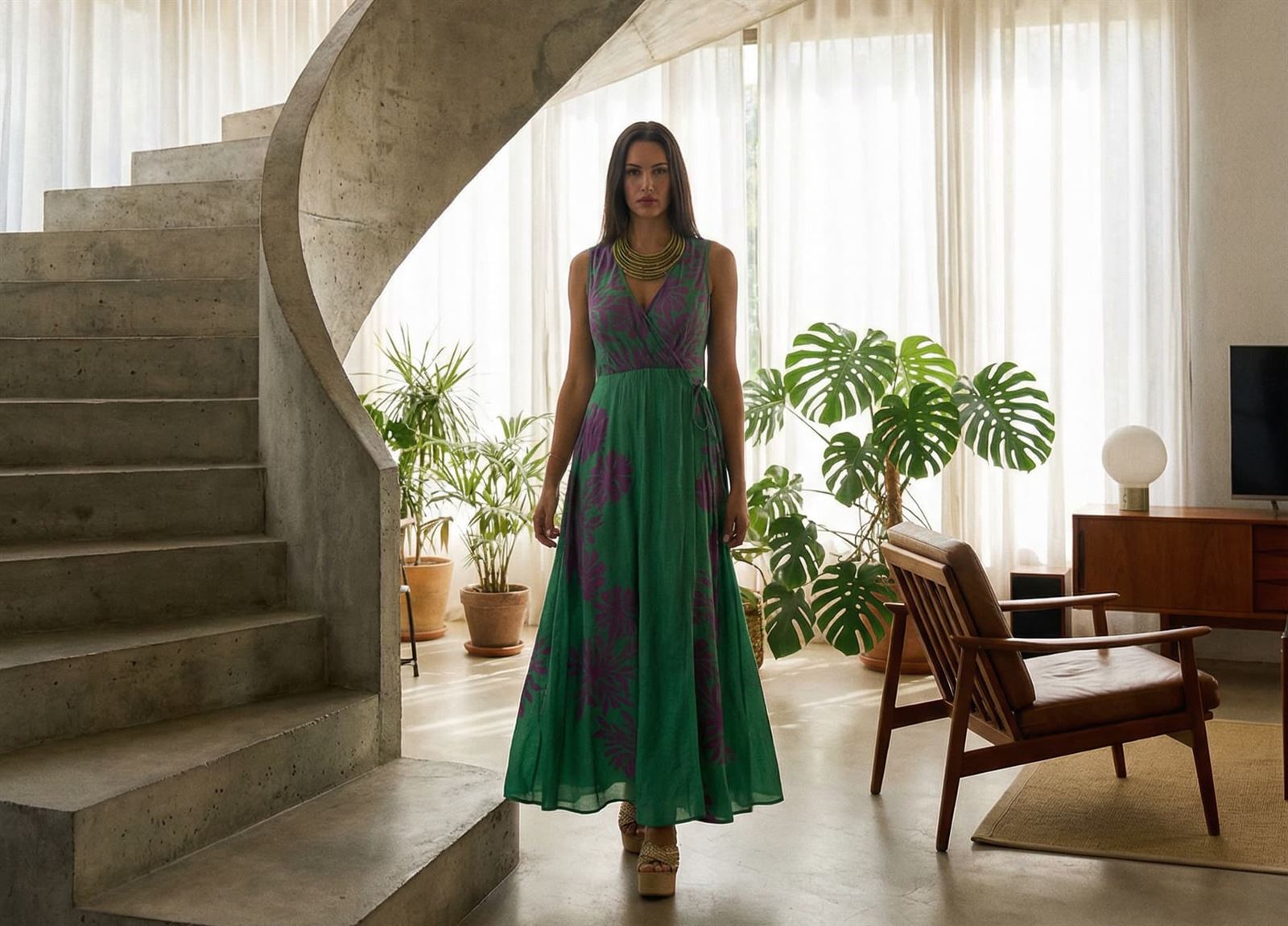Vestido estampado verde con hojas violetas, Lina - Imagen 4