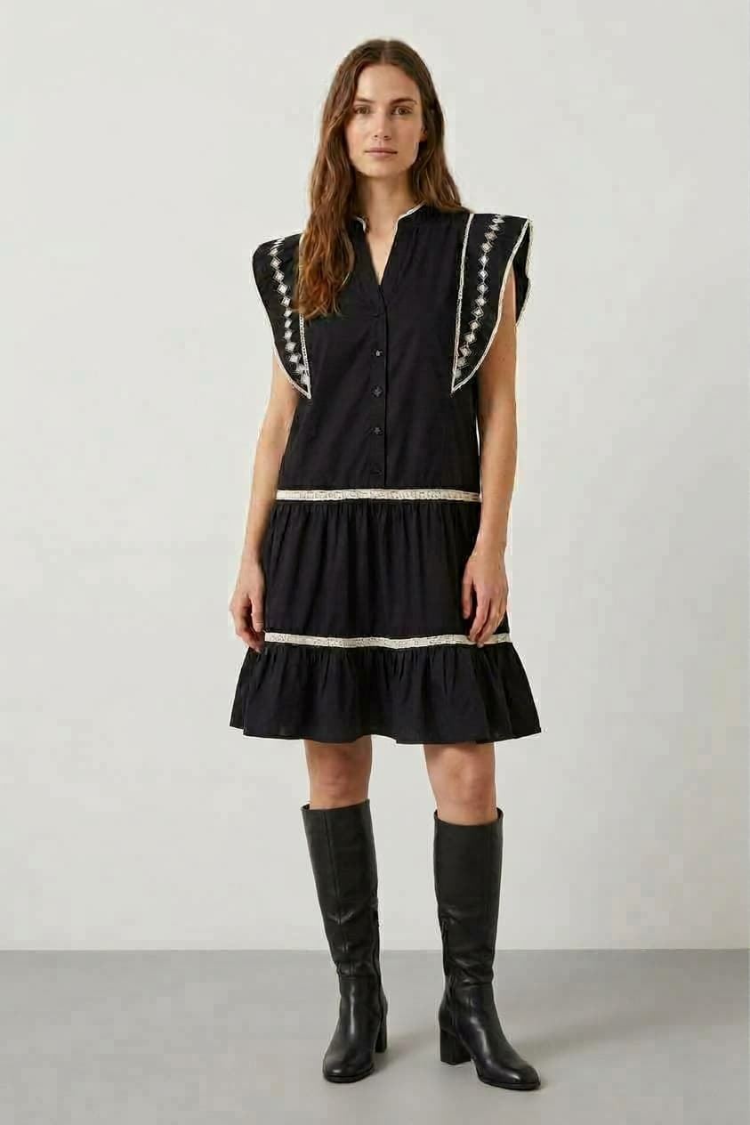 Vestido Imalli bordado con volantes B.young - negro - Imagen 1
