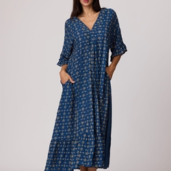 Vestido largo azul bordado y brocado, Paula - Imagen 1
