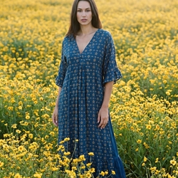 Vestido largo azul bordado y brocado, Paula - Imagen 2