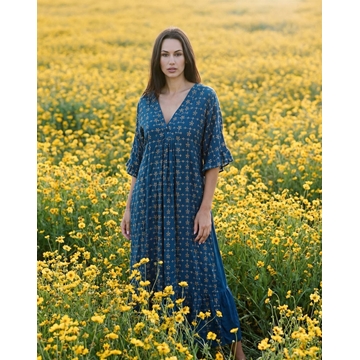 Vestido largo azul  bordado y brocado, Paula - Imagen 2