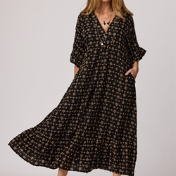 Vestido largo negro bordado y brocado, Paula - Imagen 1